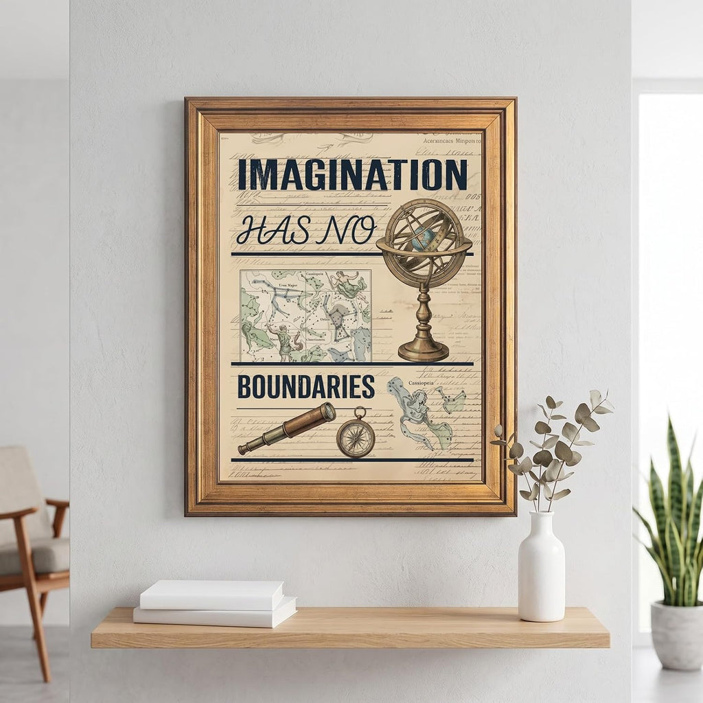 Framed Canvas Wall Art Vintage Celestial Armillary Sphere Cream Parchment Canvas Print Poster Gold Frame Wall Decor