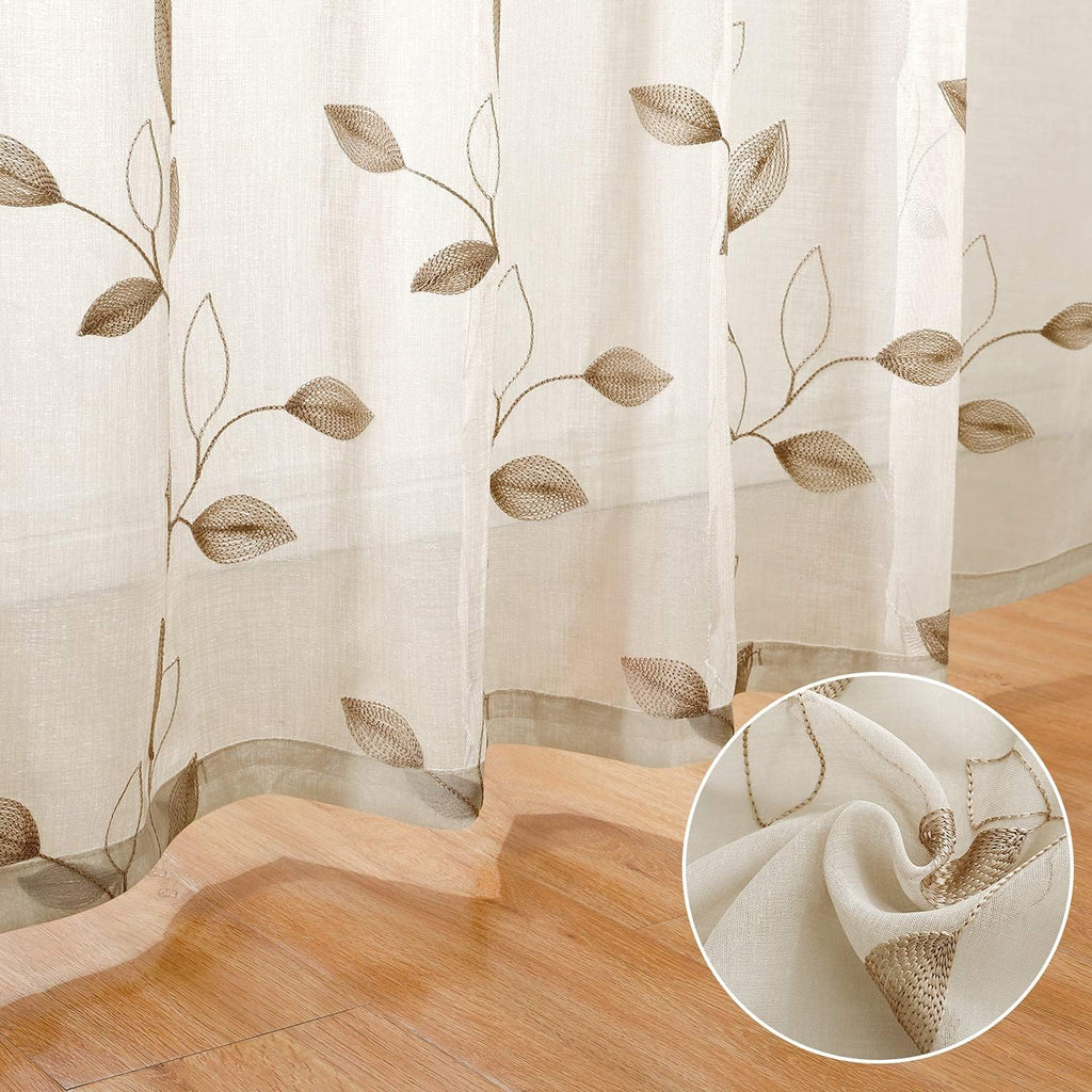 Taupe Sheer Curtains Leaf Embroidered, 52x84 Inch, 2 Panels
