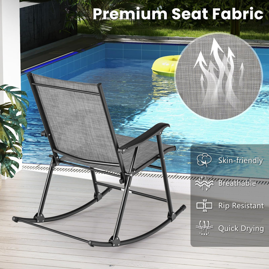 Folding Rocking Chairs Set of 4, Patio Rockers with Breathable Seat Fabric & Sturdy Metal Frame, Smooth Rocking