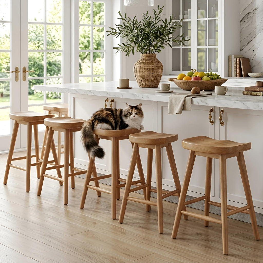 Backless Counter Height Bar Stools Set of 6, 24'' Modern Counter Stool Rustic Farmhouse Wooden Saddle Stools