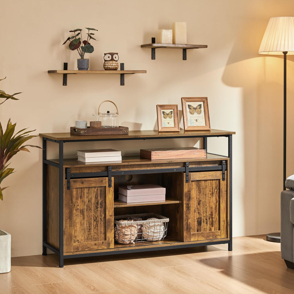 Farmhouse TV Stand for 55 Inch, Sliding Barn Door, Rustic Brown