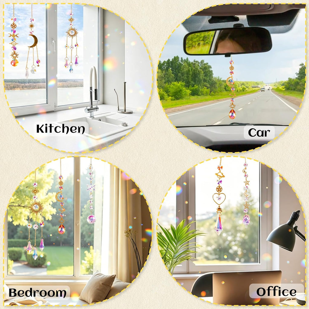 6 Pack Crystal Suncatchers for Window, Rainbow Prism Hanging Decor - Sun Catchers Indoor Hanging Decor with Sun Moon