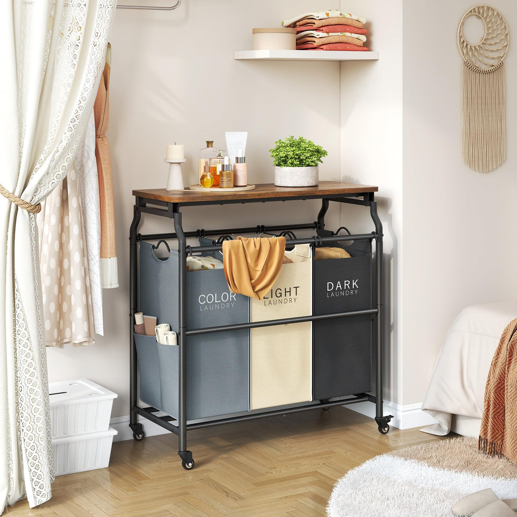 3 Section Laundry Sorter with Ironing Board, Hamper with Wheels