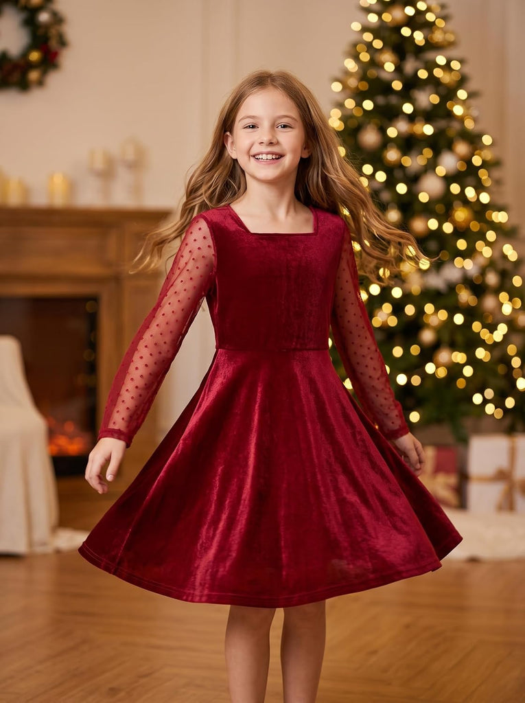 Velvet Dress Contrast Mesh Long Sleeve Christmas Dresses
