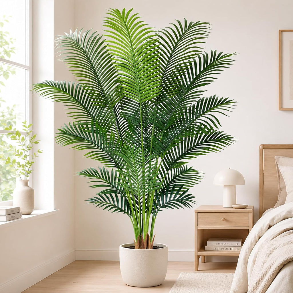 Artificial Palm Tree 6.2ft Tall Fake Palm Tree Indoor Decor with 18 leaves and Real Bark Design Faux Tropical Areca