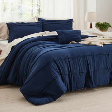 Comforter Set 4 Piece, Navy Boho, Pinch Pleat, All-Season