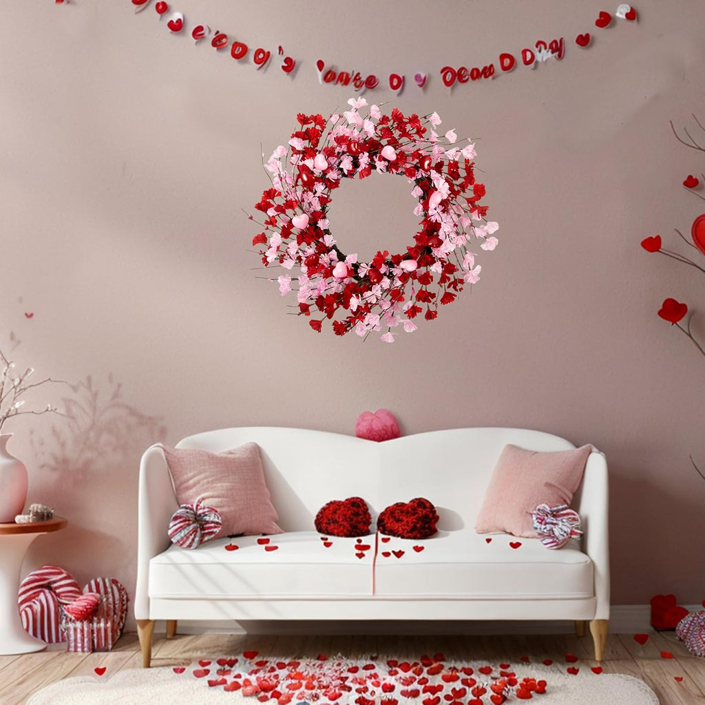 20 Inch Valentine's Day Wreath, Valentines Day Wreaths for Front Door, Valentine Day Wreath with Red Berries and Pink