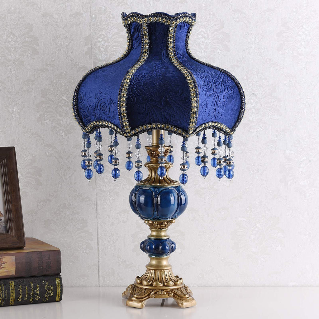 Victorian Style Table Lamp with Blue Fabric Lampshade, Handmade Antique Varnished Resin Lamp Base, Small Decorative
