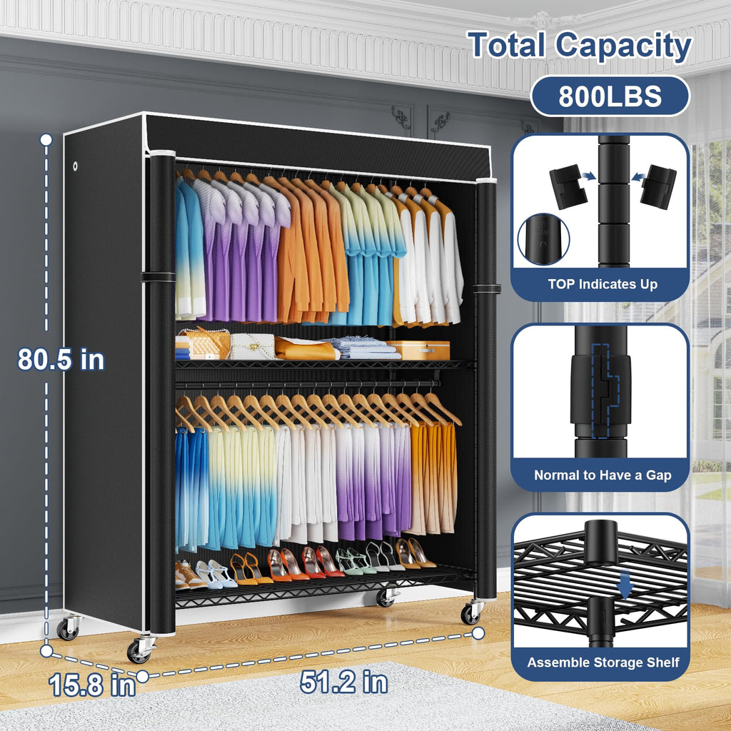 P8C Max Heavy Duty Clothes Rack(With Extended Width Design) Rolling Clothing Racks for Hanging Clothes with Lockable
