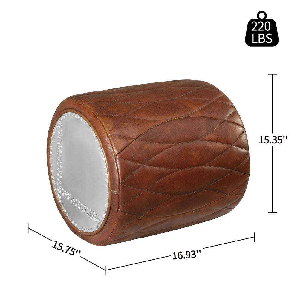 Genuine Leather Ottoman Round Pouf with Aluminum Patchwork