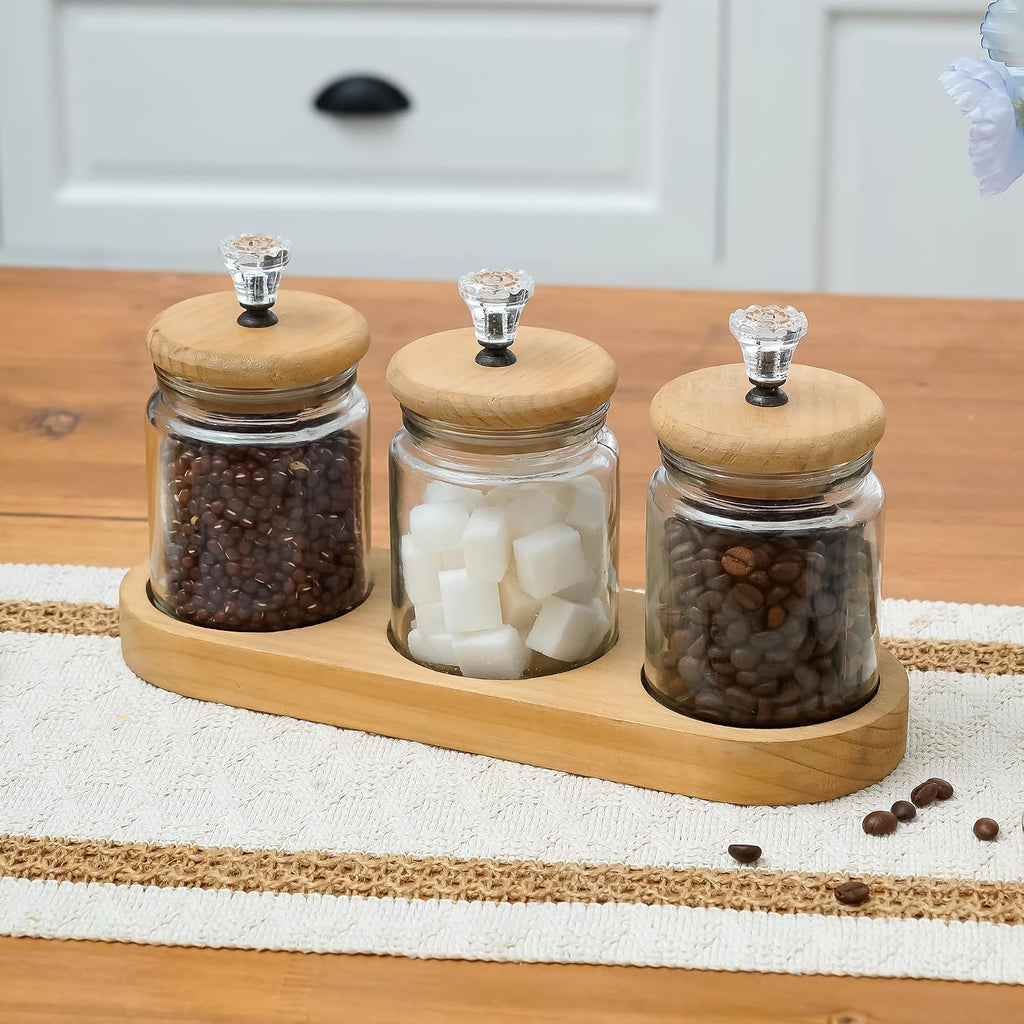 Farmhouse Glass Canister Set with Airtight Wood Lids, 3 Piece