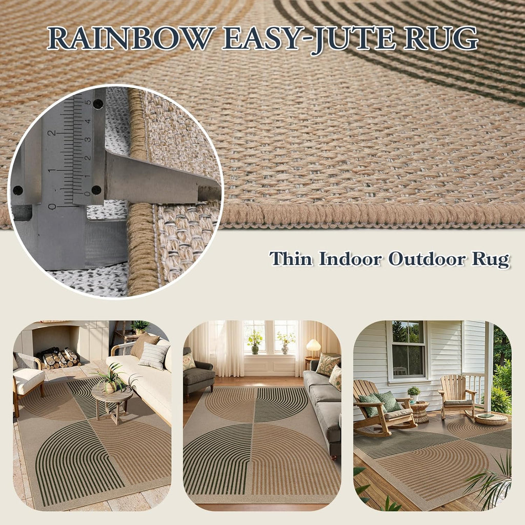 Modern Rainbow Easy Jute Rug, Washable 5x7 Area Rugs for Living Room Black Farmhouse Dining Room Rug, Contemporary