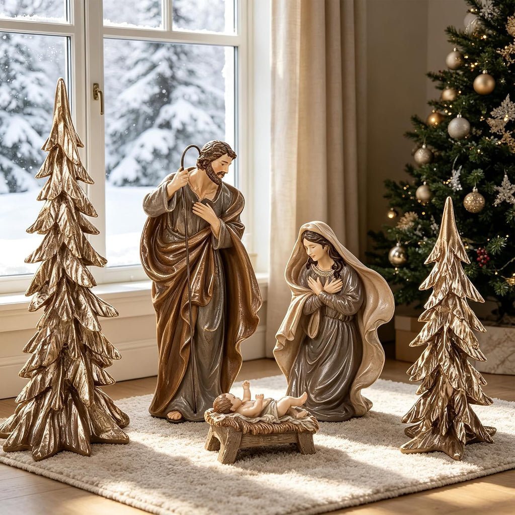 5-Piece Resin Nativity Set, Brown Resin Holy Family with Christmas Trees, Nativity Figurines Sets for Christmas