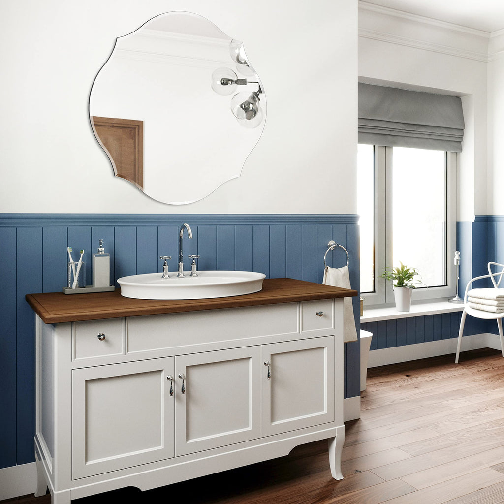 27x27 Scalloped Round Wall Mirror Beveled Frameless Mirror Silver Wall Mirror with MDF Backplane, Vanity, Bedroom or