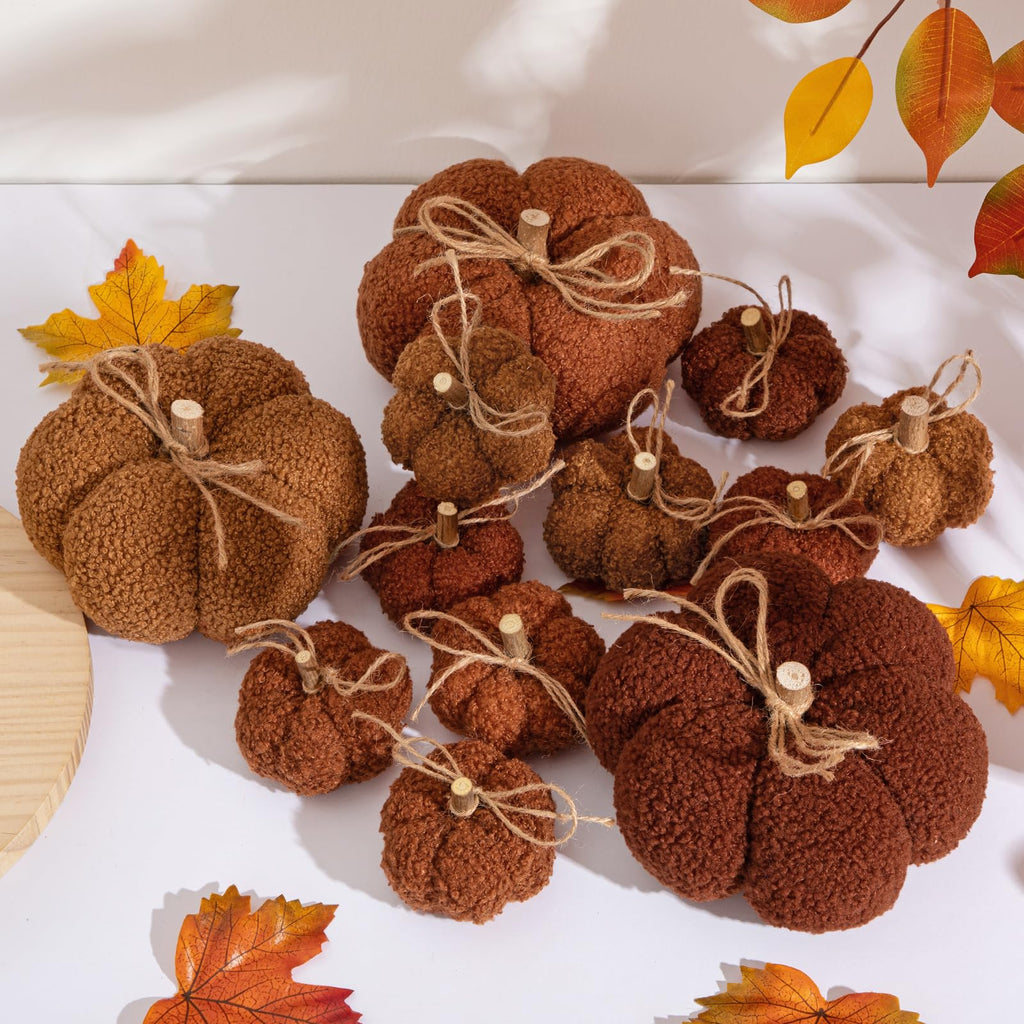 6" Fall Pumpkin Decorations, Mix Brown Artificial Fabric Pumpkins