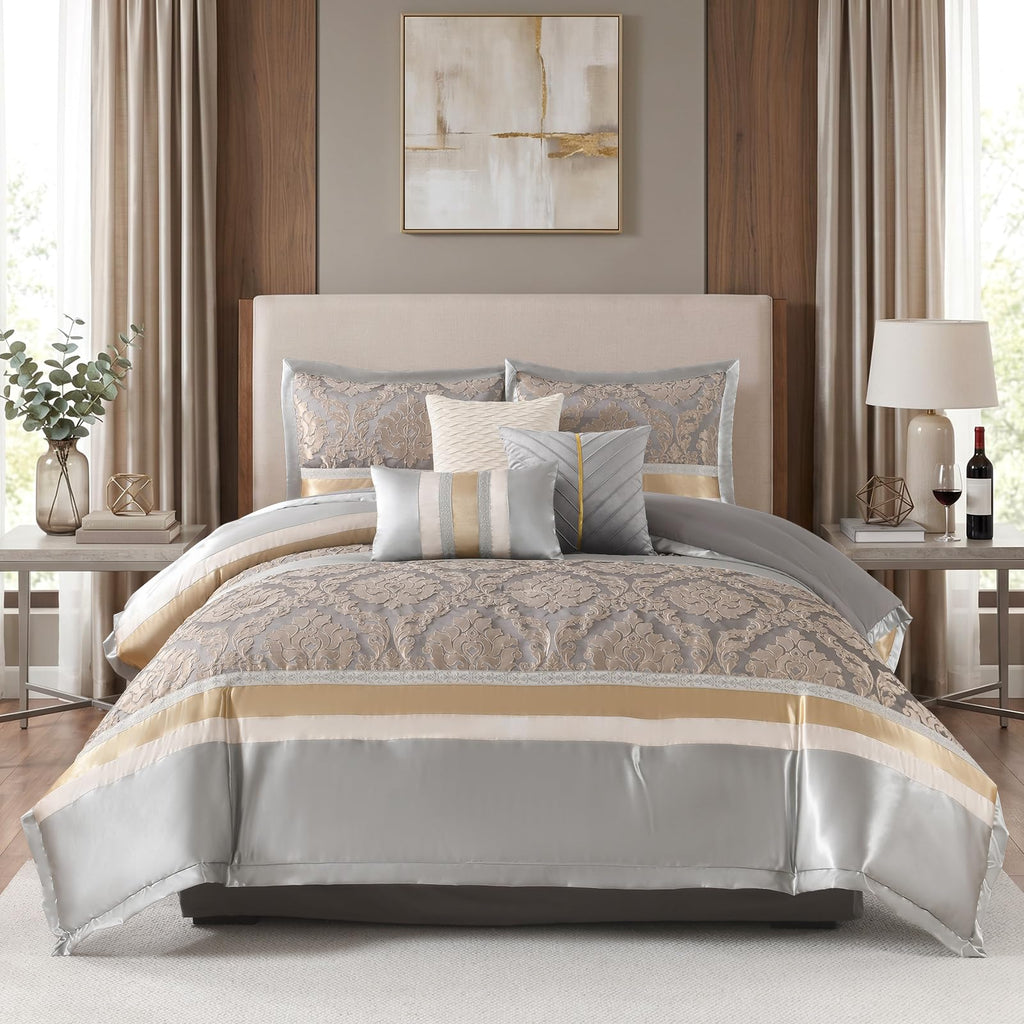 Luxury Comforter Set, Silver Gray Champagne Gold