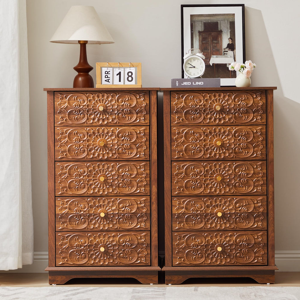5 Drawer Dresser, 20"W Narrow Chest of Drawers, Walnut Floral