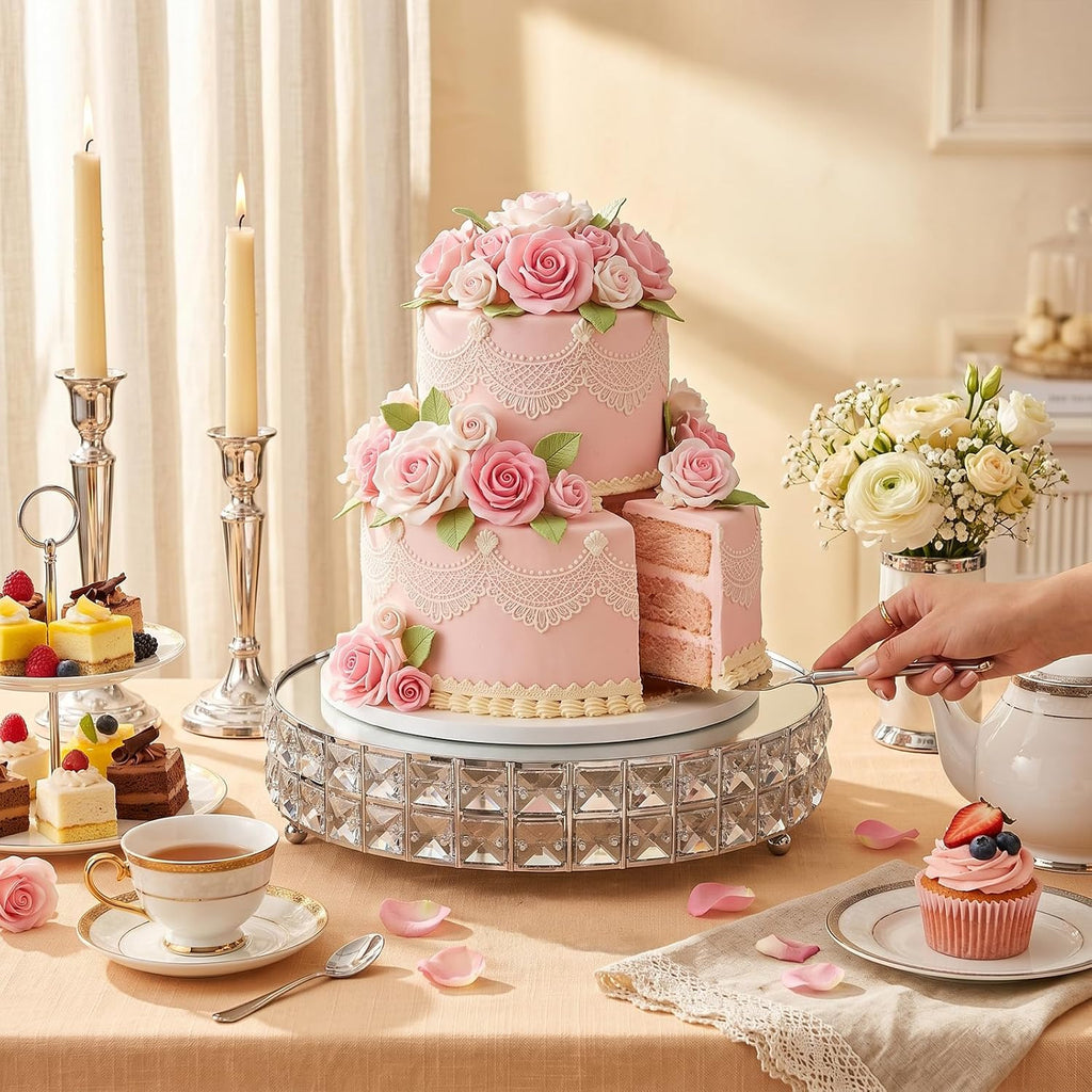 Silver Crystal Cake Stand Set with Mirror Top, 10" & 12" Round Metal Dessert Pedestal with Shining Crystal - Set of 2