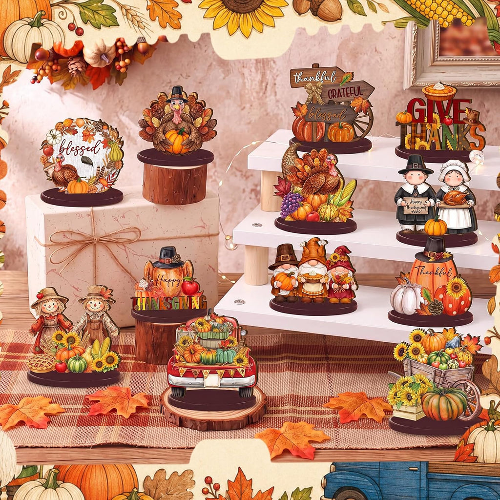 Thanksgiving Table Decorations, Wooden Fall Harvest Centerpiece, Pilgrim Turkey Gnome Table Topper Signs - Set of 12