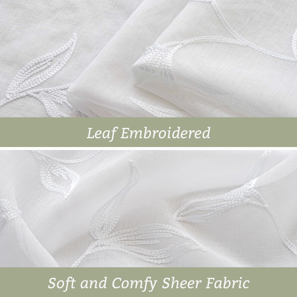 White Sheer Curtains Boho Leaf Floral Embroidered 54Wx102L