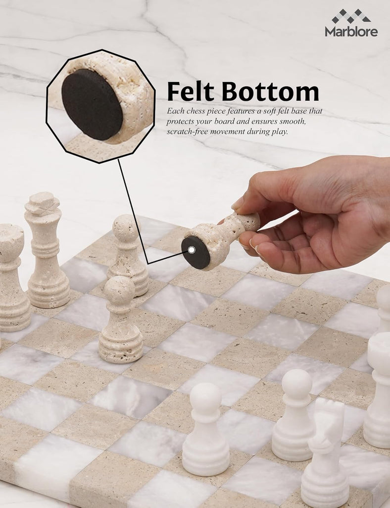Marble Chess Sets for Adults 12 Inch White & Travertine