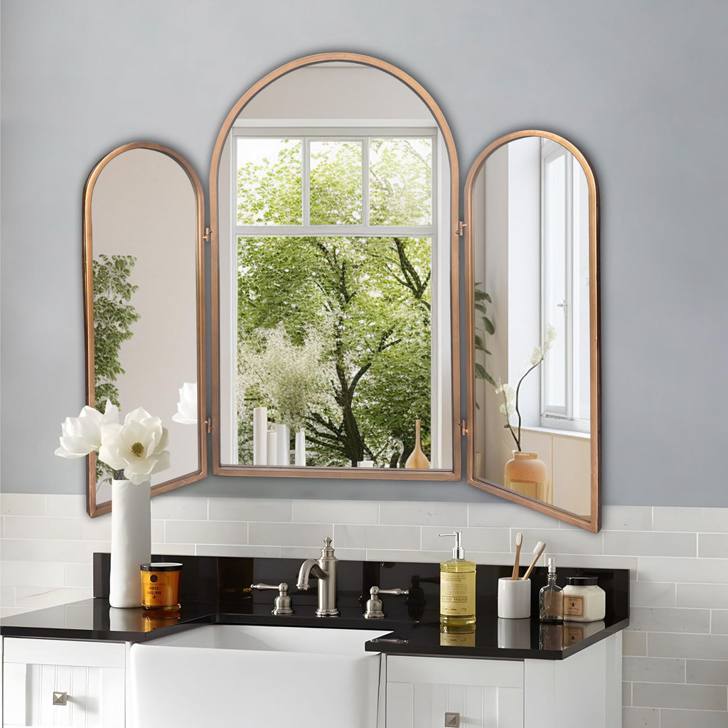3 Way Mirror Bathroom, Trifold Vanity Mirrors Bedroom, Large Arch Mirrors Decorative Vintage Gold, Adjustable Makeup