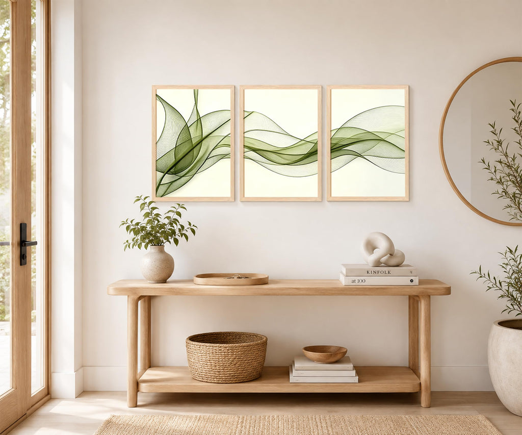 Green Leaf Wall Art Set of 3, Boho Abstract Line Botanical Framed Prints