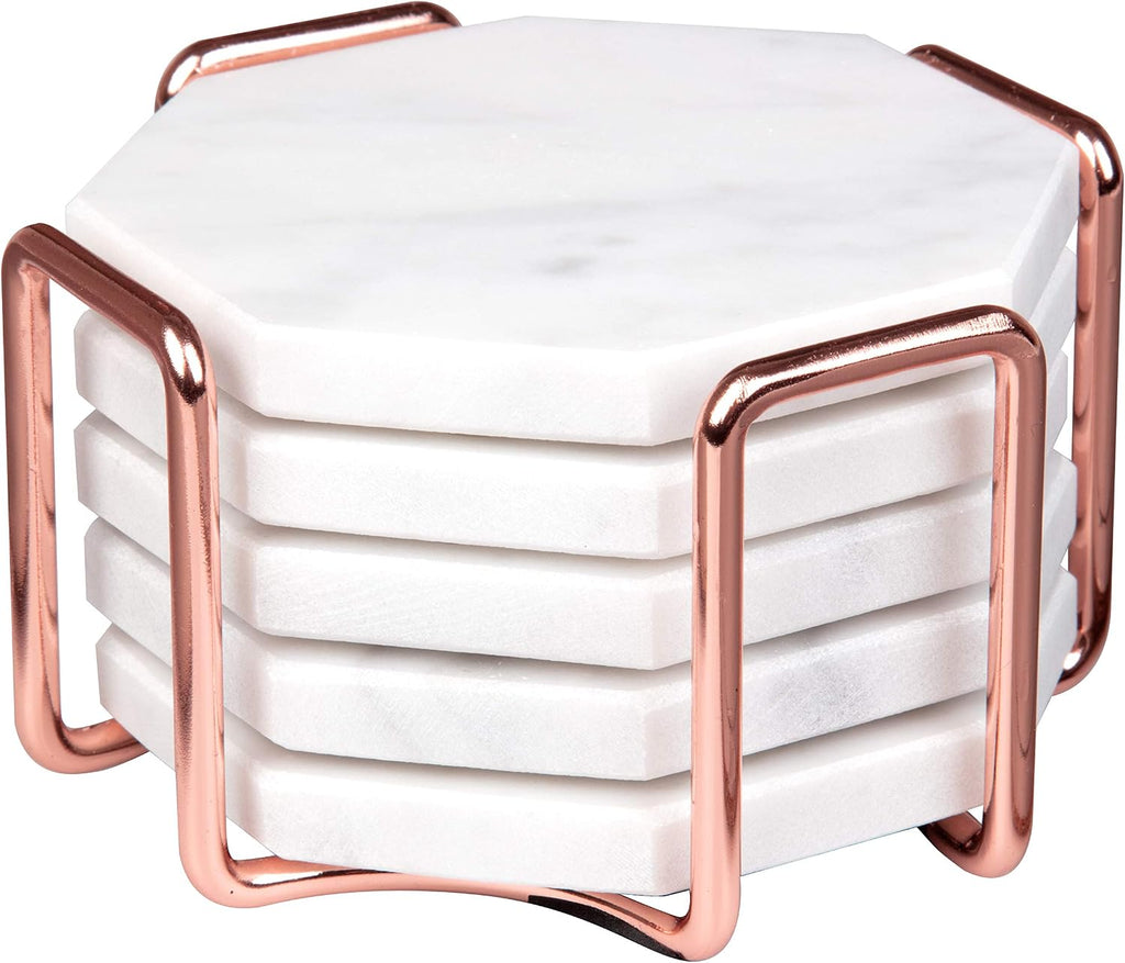 White Carrara Marble Tabletop Coasters with Storage Holder - Set of 5