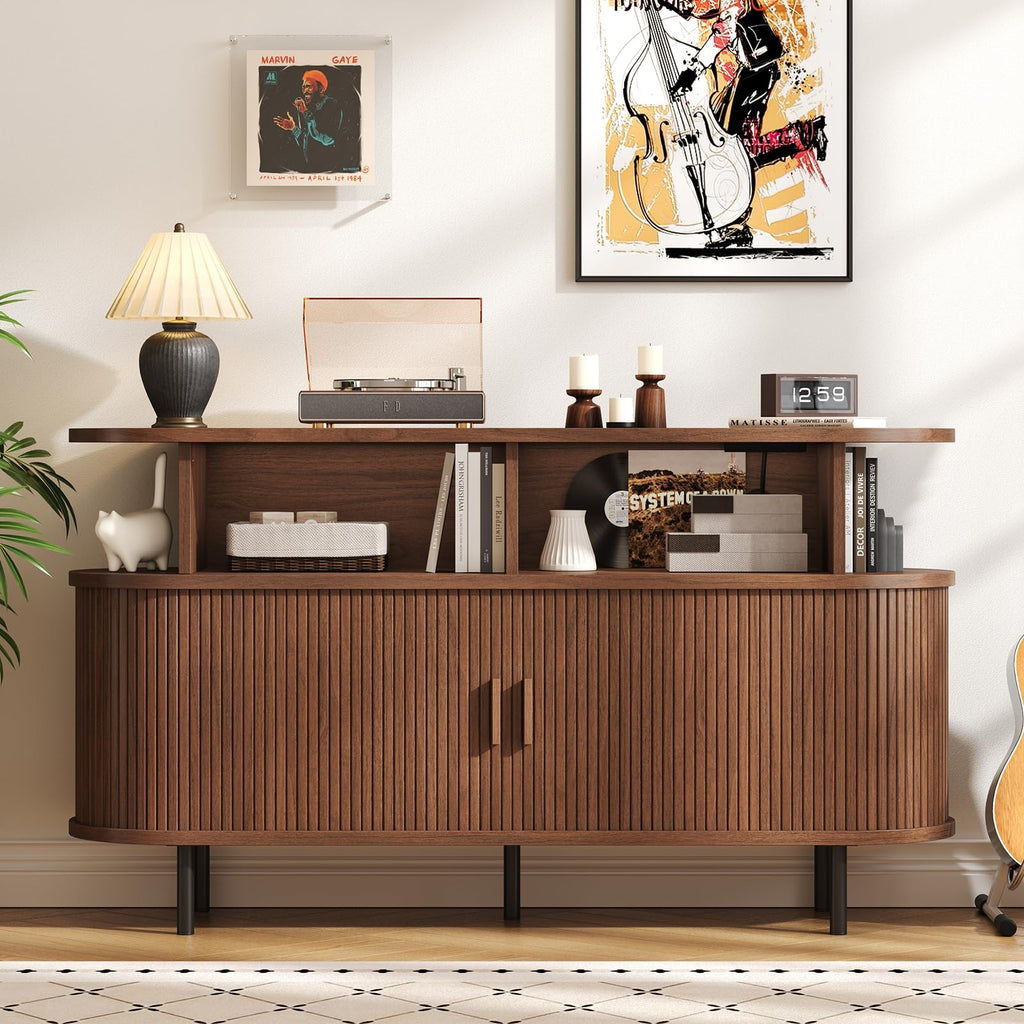 55" Large Round Record Player Stand with Charging Station, Walnut