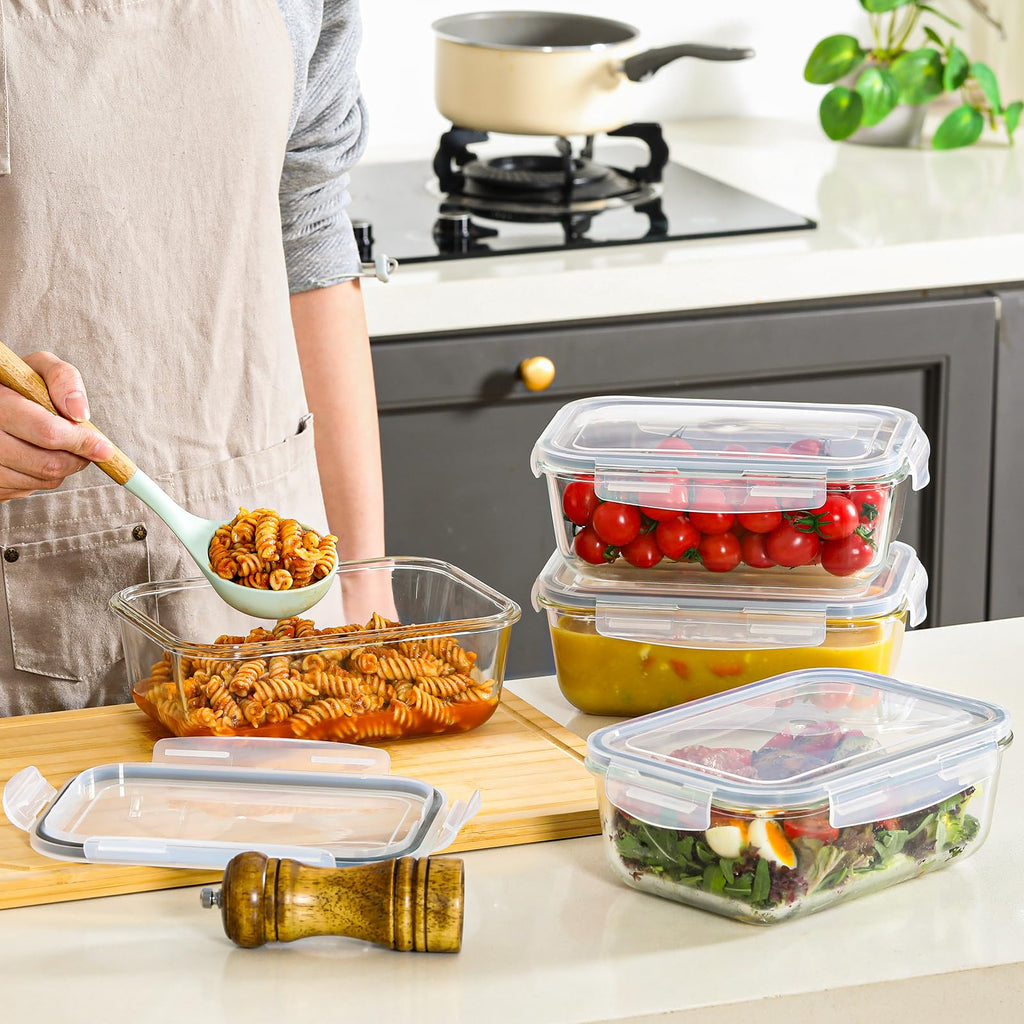 4 Pack 8 Cups/ 63oz Large Glass Storage Containers with Lids, Meal Prep Containers, Glass Food Storage with Airtight