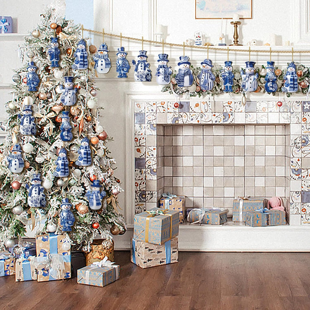 Blue and White Christmas Porcelain Snowman Ornaments for Tree Blue and White Porcelain Christmas Decoration - Set of 36