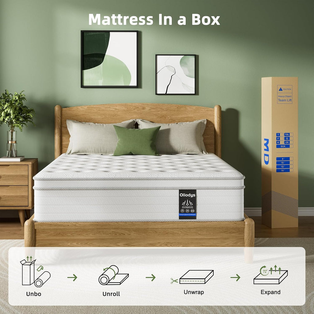 Full Mattress 12 Inch, Hybrid Spring Mattress, Medium Firm | Cool Sleep & Pressure Relief, Fiberglass-Free