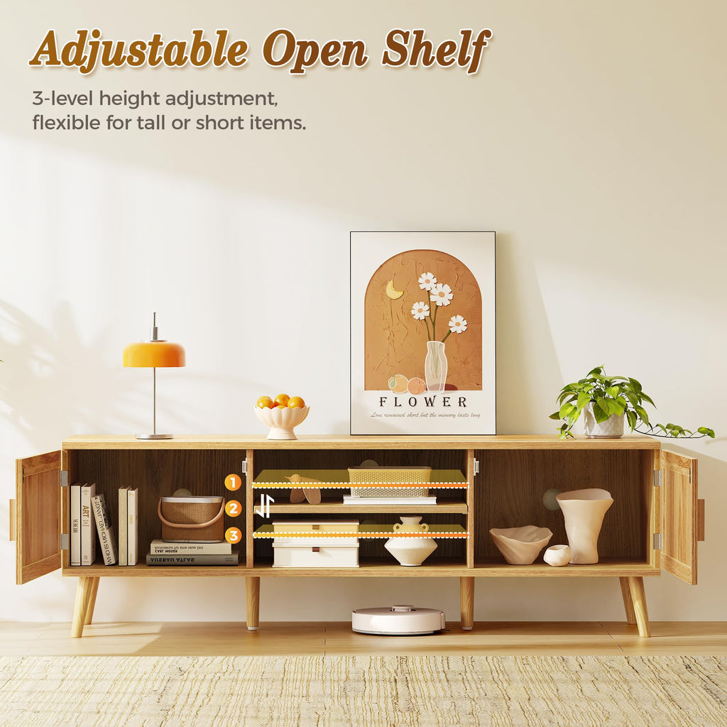 Boho TV Stand for 65 Inch TV, Entertainment Center with Adjustable Shelf, Rattan TV Console with 2 Cabinets, Media