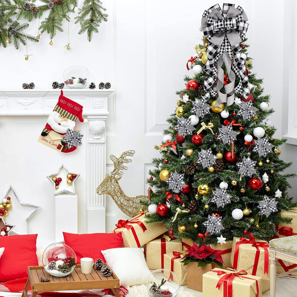 13 Pcs Christmas Bow Tree Topper Set Black White Buffalo Plaid