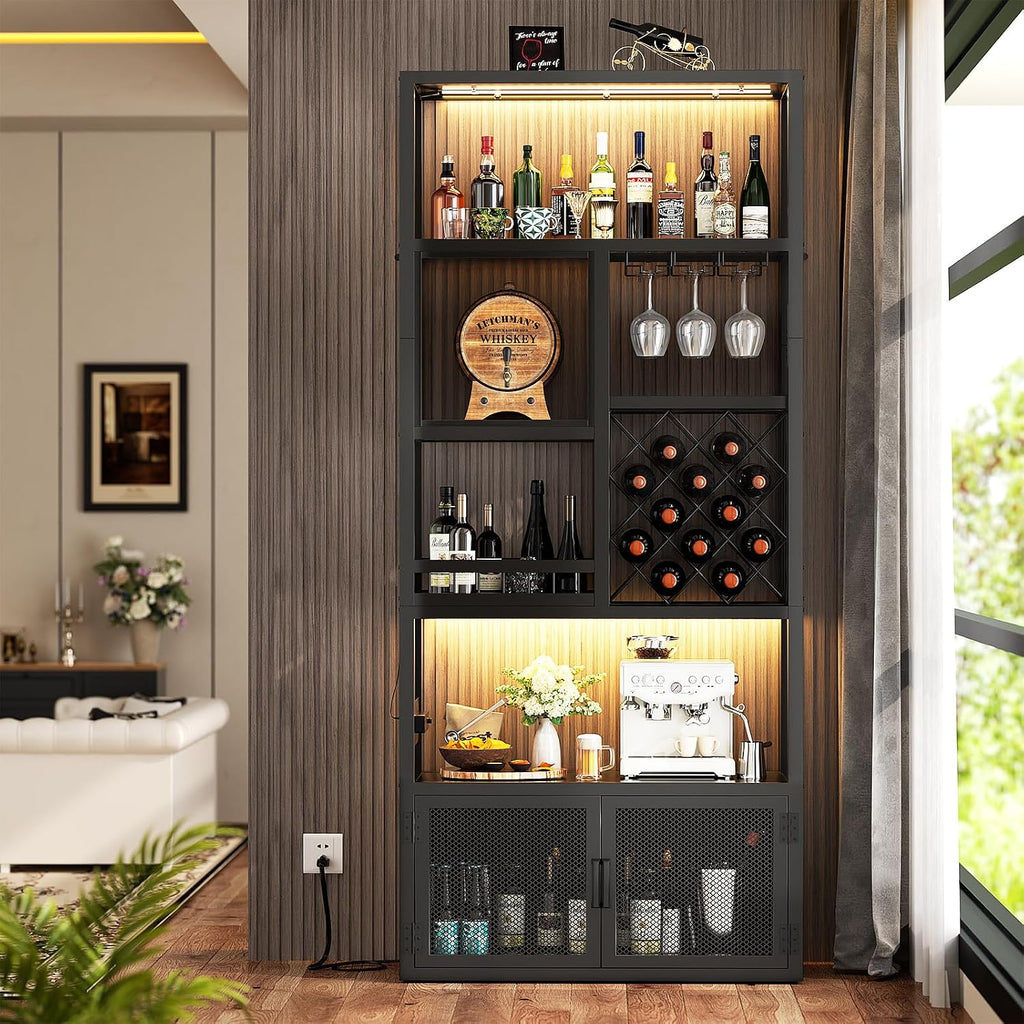 82.6" Tall Bar Cabinet with Power Outlets & LED Lights, Liquor Cabinet Bar , Reversible Coffee Station Wine Cabinet