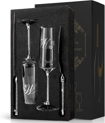 Wedding Cake Knife and Server Set, Mr and Champagne Flutes with Wedding Cake Cutting Set for Bride and Groom Toasting