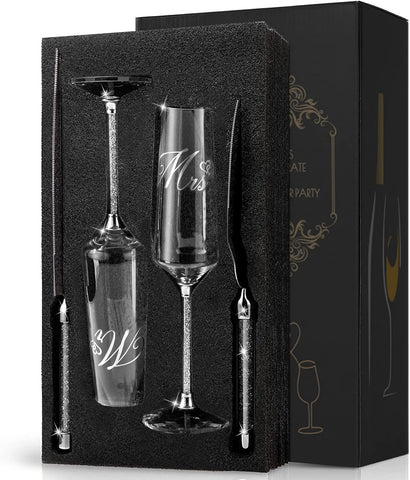 Wedding Cake Knife and Server Set, Mr and Champagne Flutes with Wedding Cake Cutting Set for Bride and Groom Toasting