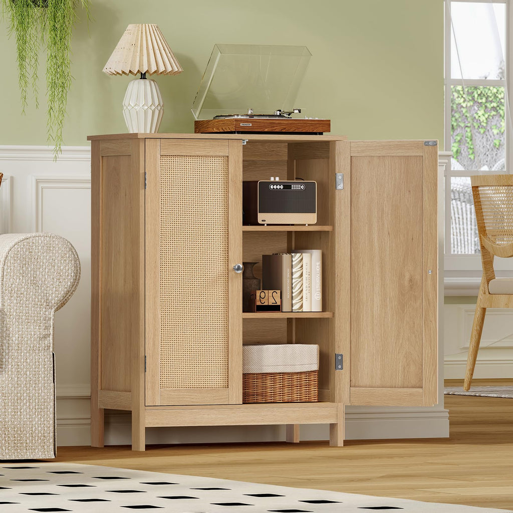 Storage Cabinet, Rattan Cabinet with Adjustable Shelf, Nature