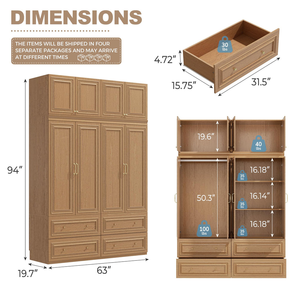 Rustic Wardrobe Closet with 4 Door, Big Armoire Wardrobe Closet with Hanging Rod/4 Drawer, Tall/Heavy Closet