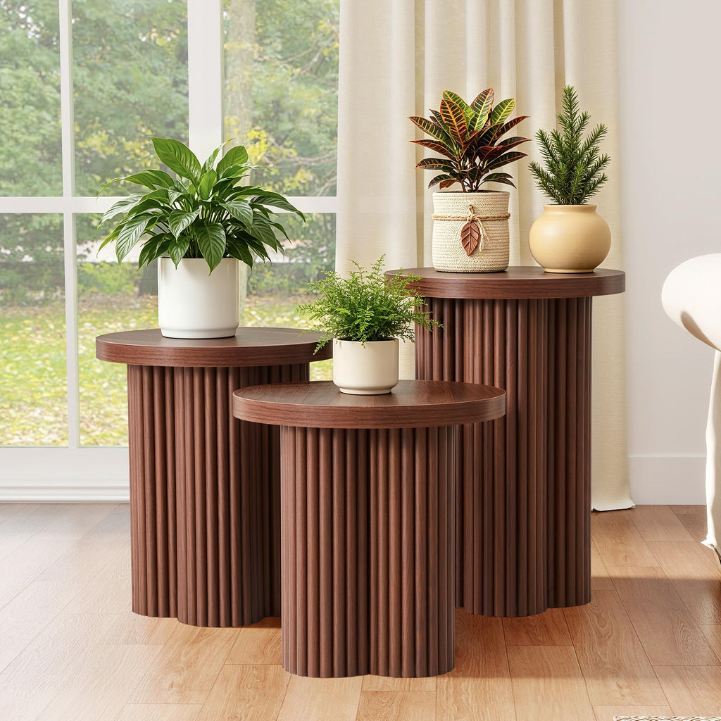Round Nesting Coffee Set of 3 Fluted Coffee (Walnut)