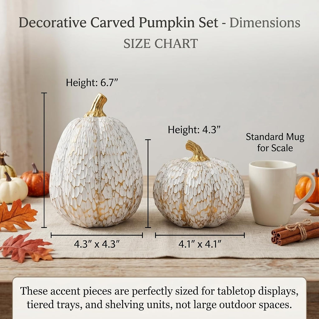 White and Gold Fall Pumpkin Decor, Small Decorative Thanksgiving Pumpkins - Set of 2