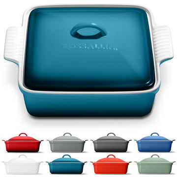 Square Stoneware Casserole Dish with Lid, 2.5 Qt, Ocean Blue