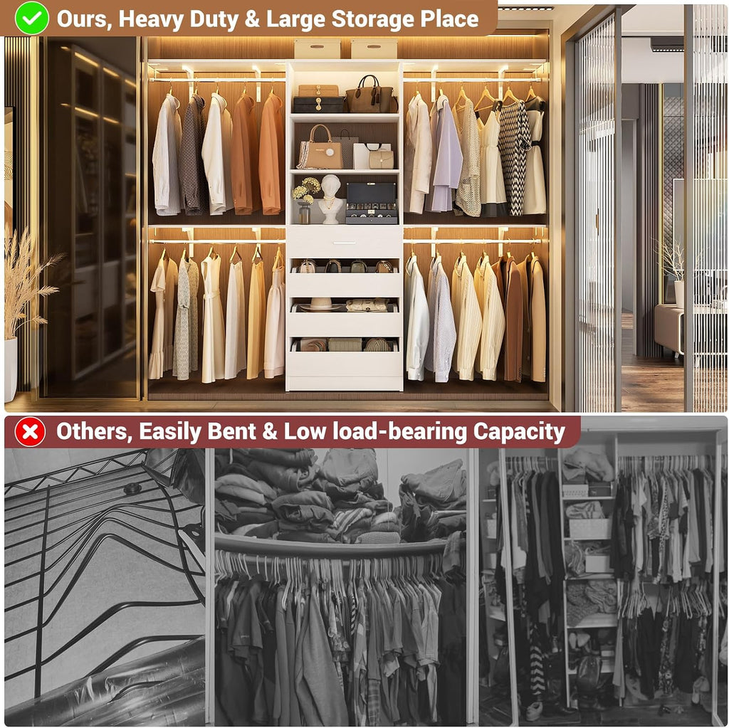 Closet System with Drawers, Wood Closet Organizer System with 4 Hanging Rods & Top Shelves, Walk-in Closets Organizer
