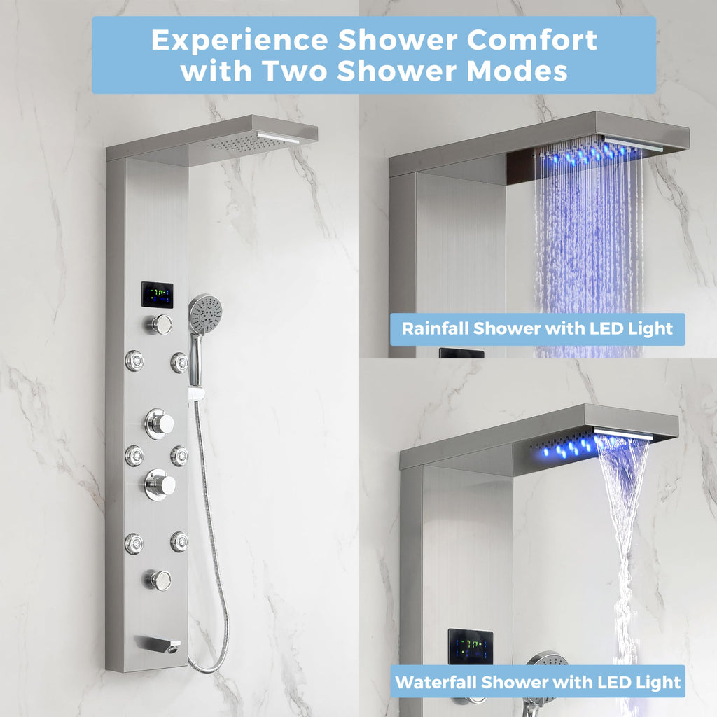 LED Stainless Steel Shower Tower, 5-Function Shower Panel Tower