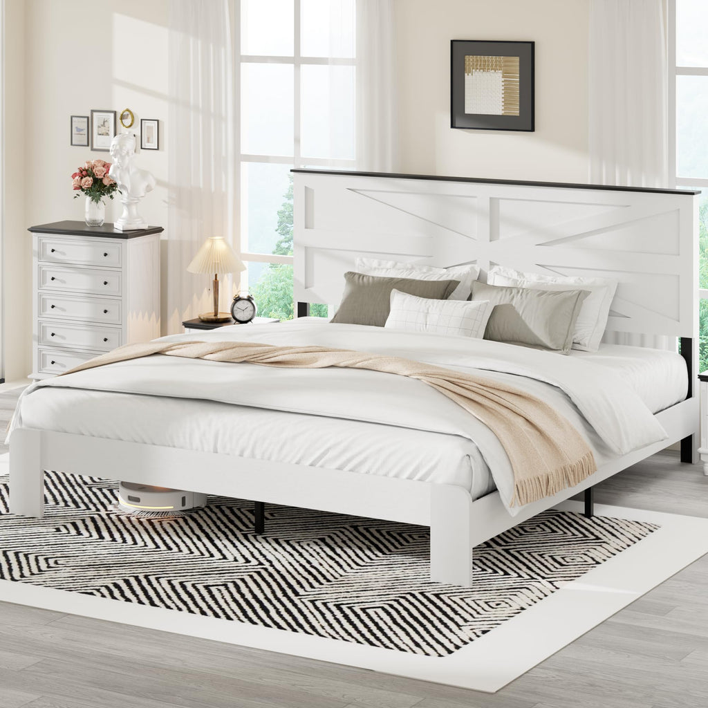 Farmhouse King Size Bed Frame with Barn Door Headboard, Boho White Wooden Platform Bed with Strong Metal Slat