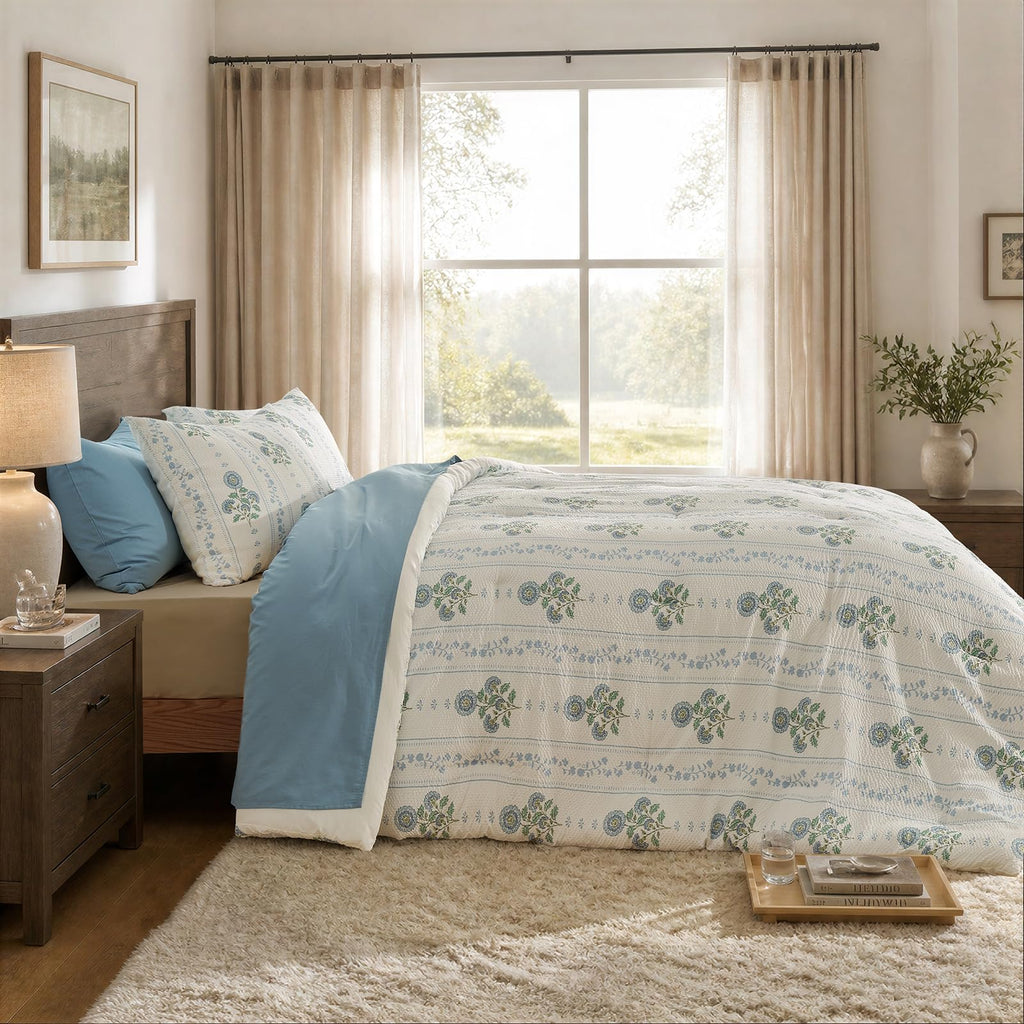 Comforter Set 3 Pieces Bed Set Seersucker Bed in a Bag Dirty Blue