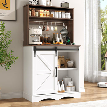 55.1" H Farmhouse Coffee Bar Cabinet w/Storage Hutch, Kitchen Coffee Station w/Charging Station, 6 Hook-s, Rustic