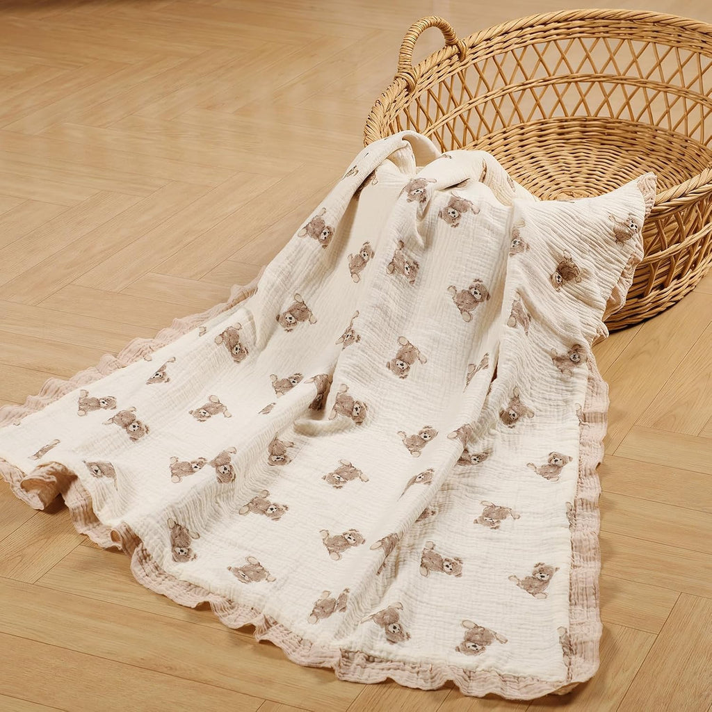 Organic Baby Blanket Flounce Edge Large 50"x43" Teddy Bear, 100% Muslin Cotton Soft Breathable Toddler Quilt Crib