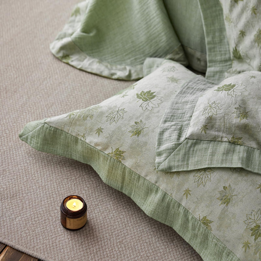 Yarn-Dyed Jacquard Duvet Cover Queen, Green Botanical Leaf Print 3-Piece Bedding Set with Wide Edge Piping, Soft