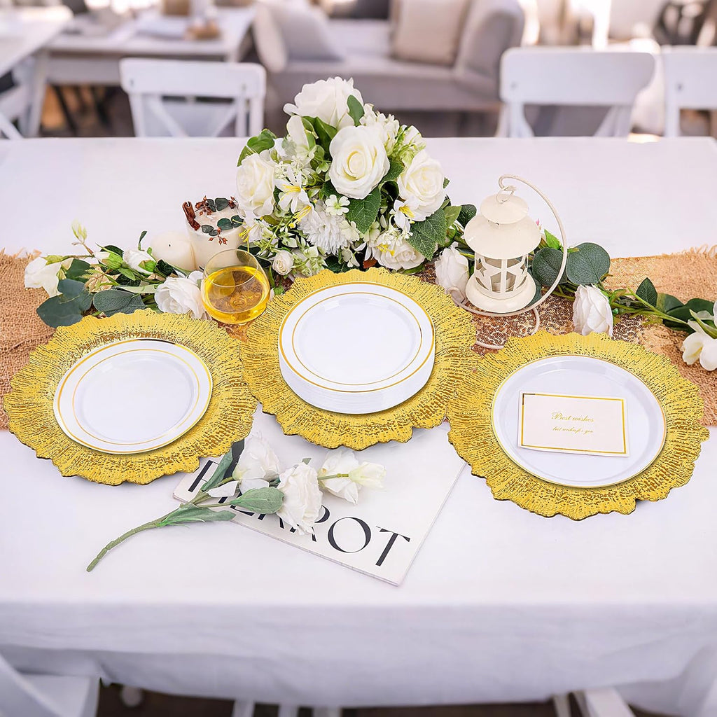 Gold Charger Plates Bulk- 13in Reusable Plastic Chargers - Set of 12